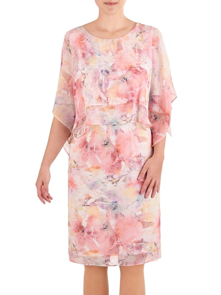 Elegancka sukienka midi w kwiaty o prostym kroju – lekka narzutka subtelnie modelująca sylwetkę 33658