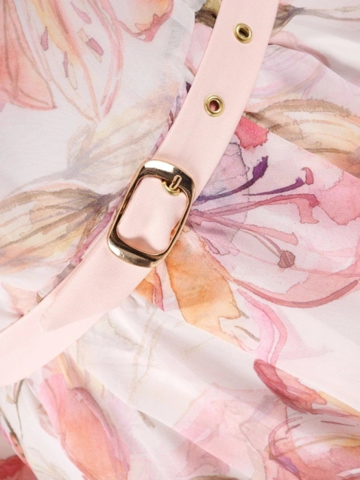 Elegancka sukienka damska maxi rozkloszowana w kwiaty – wysmuklający krój z rękawem 3/4 39273