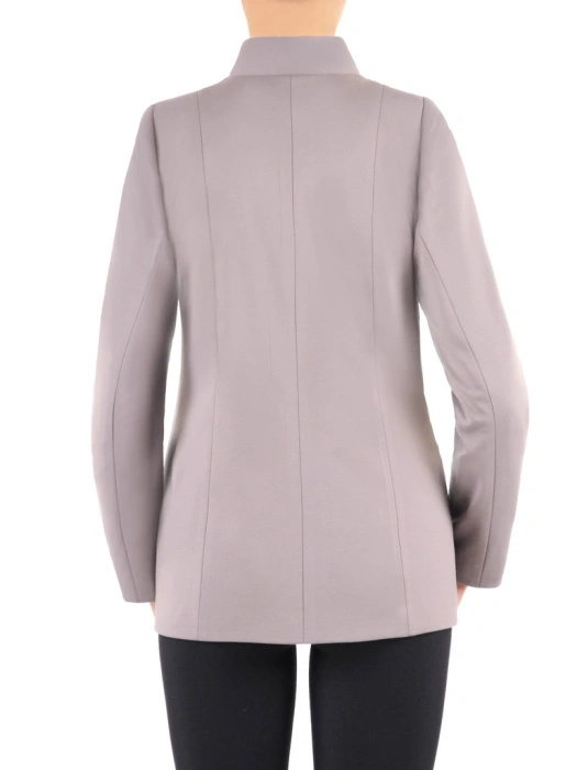 Szary żakiet damski do sukienki o prostym kroju – stylowy fason ze stójką i kieszeniami na suwaki 37189