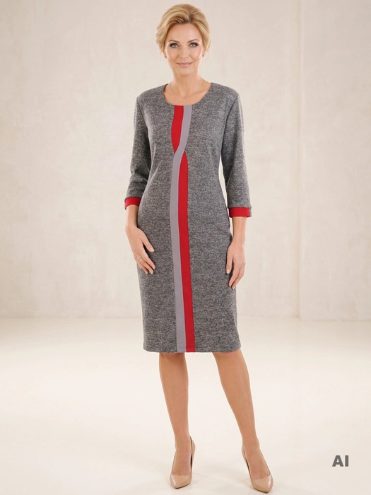 Elegancka szara sukienka do pracy o prostym fasonie – kontrastowe wstawki wysmuklające figurę 31266