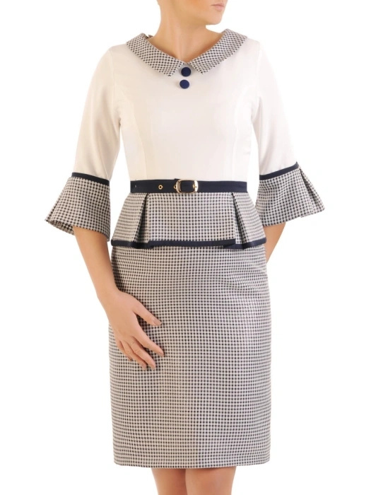 Elegancka sukienka biurowa w pepitkę midi – prosta linia z paskiem podkreślającym talię 34857
