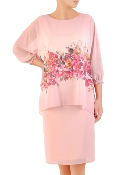 Elegancka sukienka wizytowa w kwiaty – prosty fason midi tuszujący sylwetkę z rękawem kimono 33014