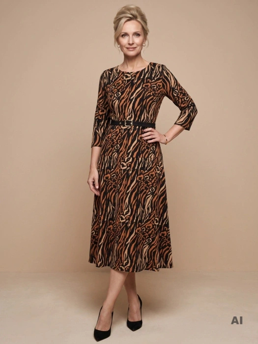 Pomarańczowa sukienka rozkloszowana maxi – stylowy zwierzęcy print z paskiem podkreślającym talię 40435