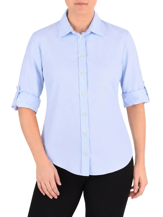 Elegancka koszula damska błękitna o prostym fasonie – naturalna bawełna z klasycznym kołnierzykiem 42566