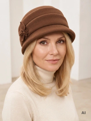 Rudy kapelusz damski cloche na jesień i zimę – elegancki model z krótkim rondem i ozdobną wstawką 42435