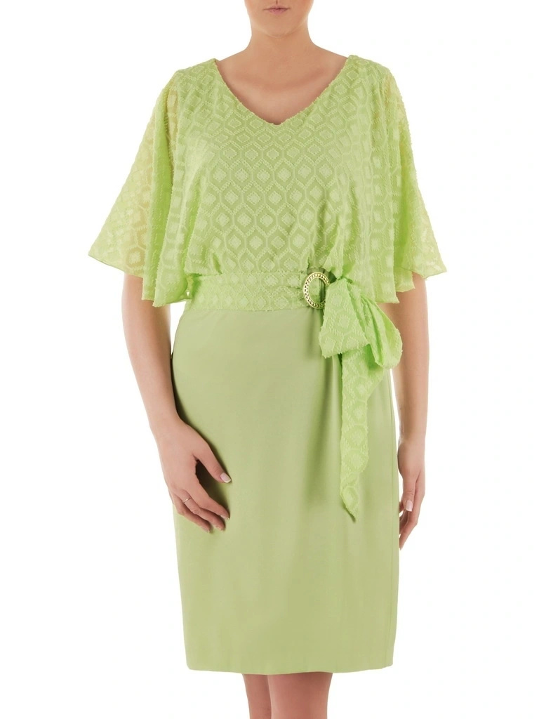 Limonkowa sukienka ołówkowa midi z dekoltem V – optycznie wyszczuplające zaszewki i klamra 35733