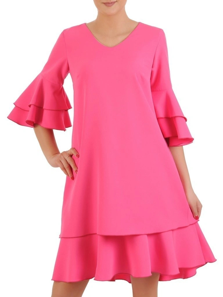 Elegancka sukienka trapezowa midi amarantowa – tuszujący sylwetkę fason z falbanami 29155