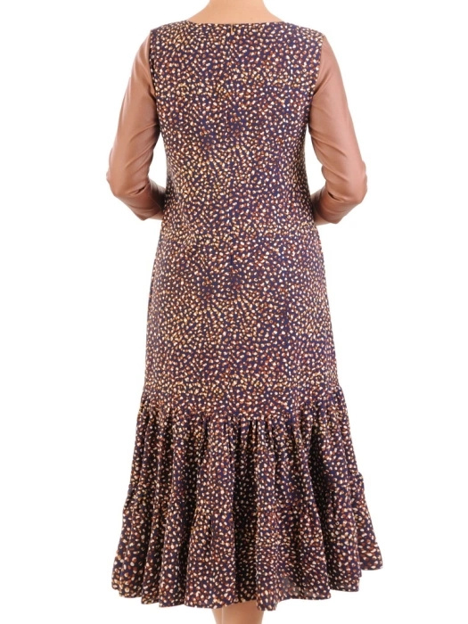 Elegancka sukienka rozkloszowana midi w brązowy wzór – szykowny fason tuszujący biodra 31382