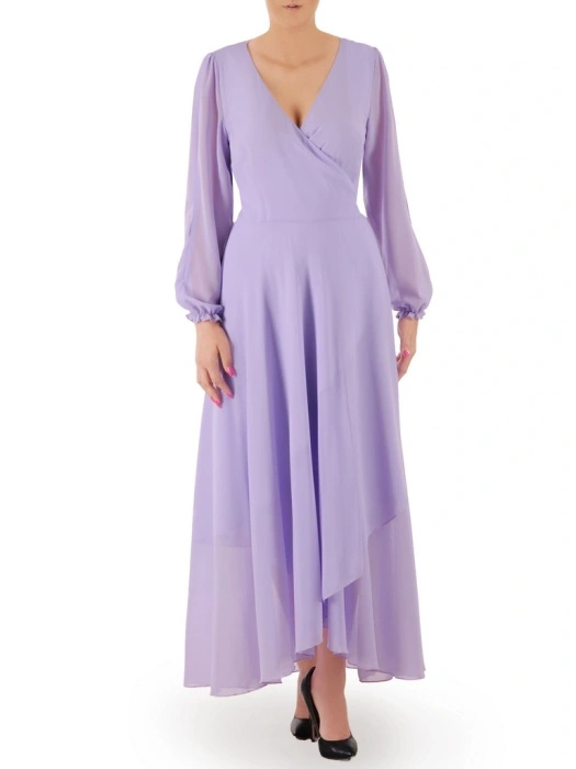 Elegancka liliowa sukienka maxi rozkloszowana – efektowne rozcięcia na rękawach i pasek w talii 36172