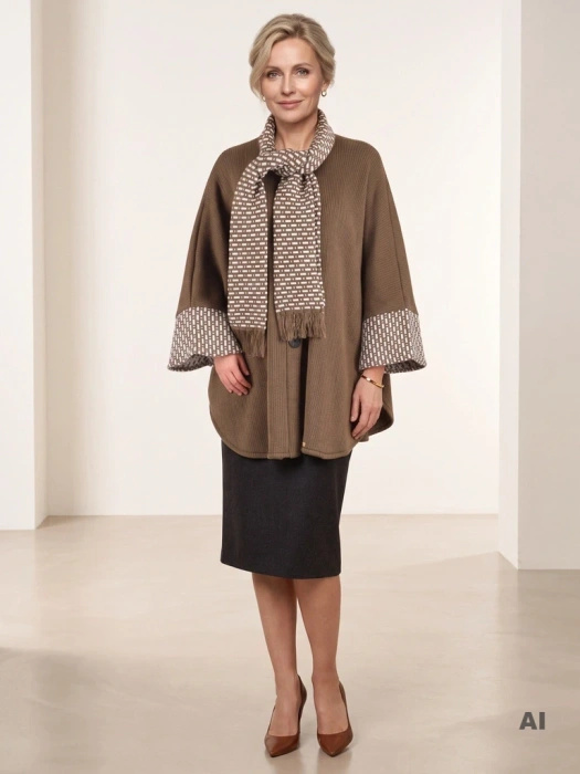 Elegancki sweter damski beżowy z szalowym kołnierzem – wygodny, luźny fason na chłodne dni 42167