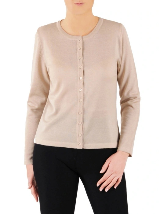 Elegancki sweter damski rozpinany w odcieniu beżowym – prosty fason z miękkiej dzianiny na chłodne dni 39246
