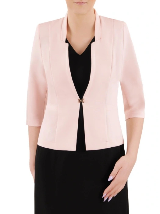 Elegancki żakiet damski do sukienki pudrowy róż – taliowany fason z zapięciem na haftkę 36102