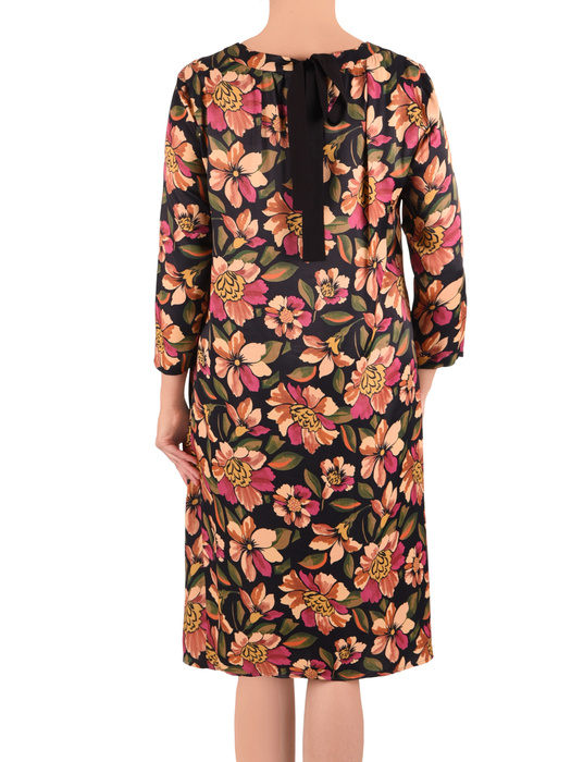 Damska sukienka midi w kwiaty z długim rękawem – prosty krój z ozdobnym wiązaniem na plecach 42303