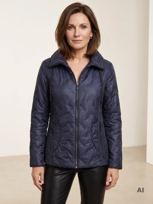 Ciemnogranatowa kurtka przejściowa damska – prosty fason z kapturem zapewniający swobodę ruchów 41213