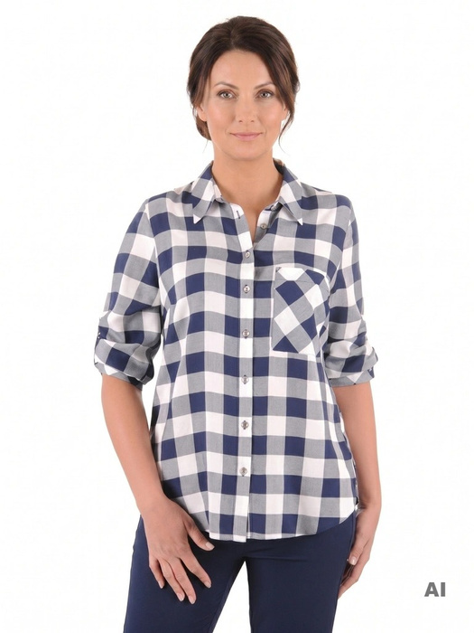 Elegancka wiskozowa koszula w kratę z kieszenią – prosty fason tuszujący biodra 39778