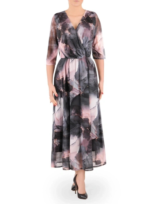 Wielobarwna sukienka maxi z kopertowym dekoltem – rozkloszowany krój pięknie akcentujący talię 37089