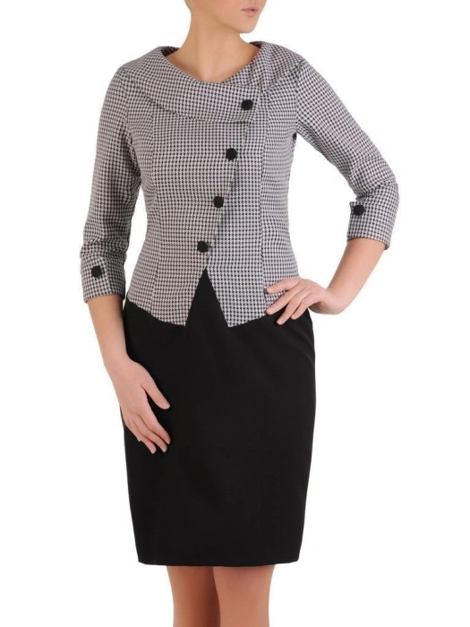 Elegancka sukienka w pepitkę midi z kołnierzykiem – prosty krój z wyszczuplającymi zaszewkami 25387