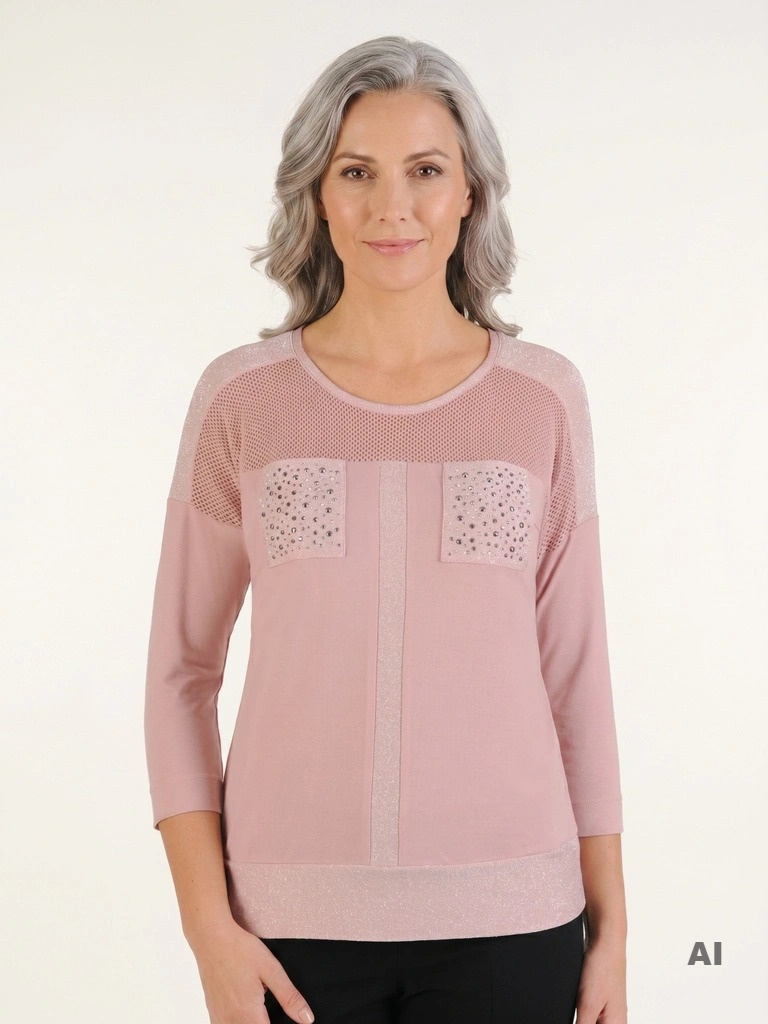 Subtelna bluzka plus size w pudrowym różu z dżetami – z prostym fasonem wysmuklającym sylwetkę 27856