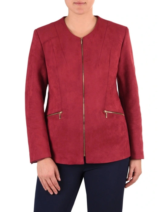 Elegancka bordowa marynarka damska do sukienki – wygodny prosty fason zapinany na zamek 42283