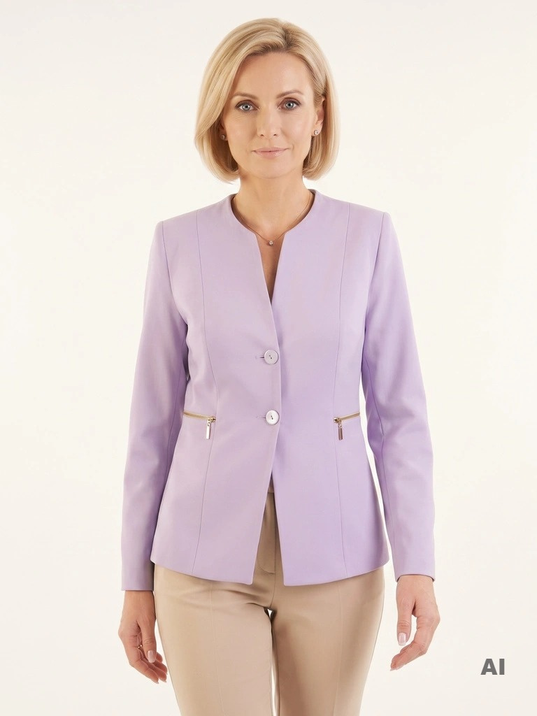 Elegancka marynarka damska na wesele liliowa – prosty fason z wyszczuplającymi przeszyciami 32930