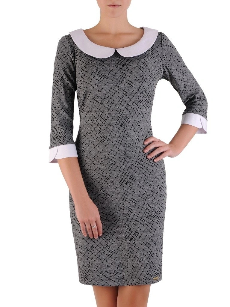 Czarno-popielata sukienka z kołnierzykiem do pracy – prosty fason z eleganckimi mankietami 10277