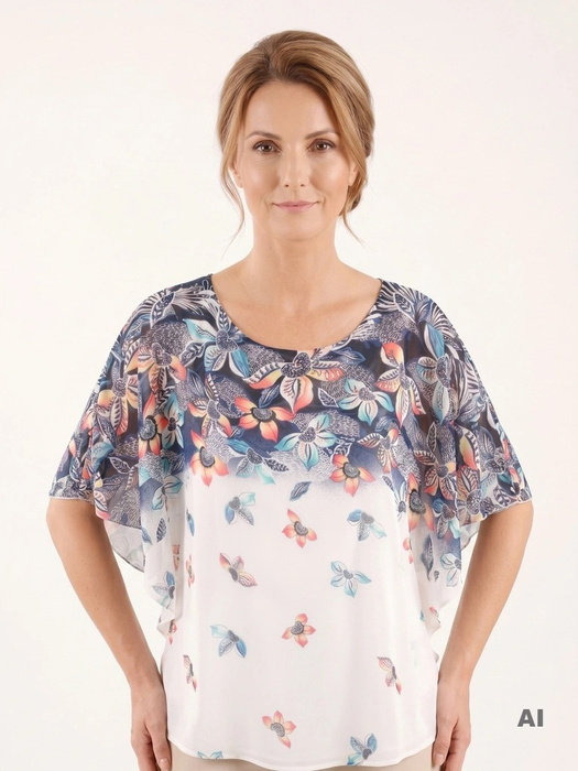 Elegancka bluzka wizytowa damska w kwiaty – asymetryczny fason tuszujący biodra 38528