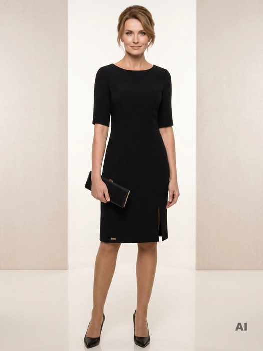 Klasyczna sukienka wizytowa w czerni z krótkim rękawem – prosty fason z wysmuklającym rozcięciem 13173