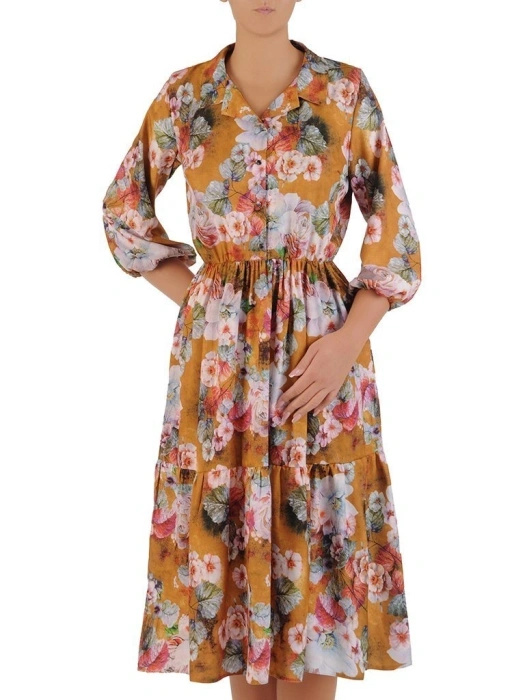 Elegancka sukienka rozkloszowana musztardowa w kwiaty – wysmuklający fason z gumką w pasie 27187