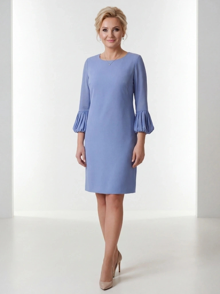 Niebieska elegancka sukienka wizytowa do kolan – prosty fason z wyszczuplającymi przeszyciami 35690