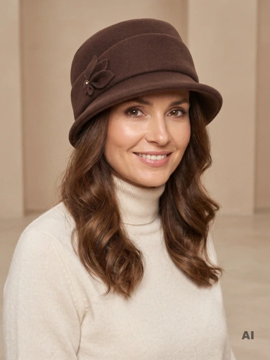 Elegancki kapelusz damski zimowy cloche – stylowe wywinięte rondo z ozdobną wstawką 42406