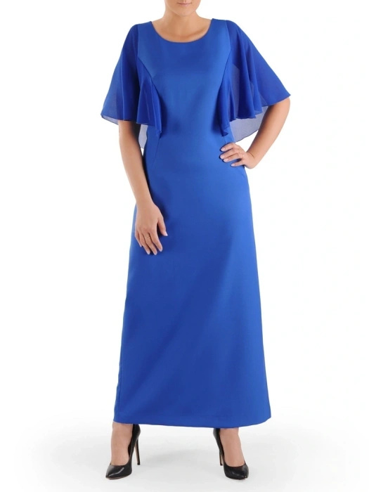 Elegancka chabrowa sukienka maxi na przyjęcia – prosty fason z kobiecym rozcięciem 38637