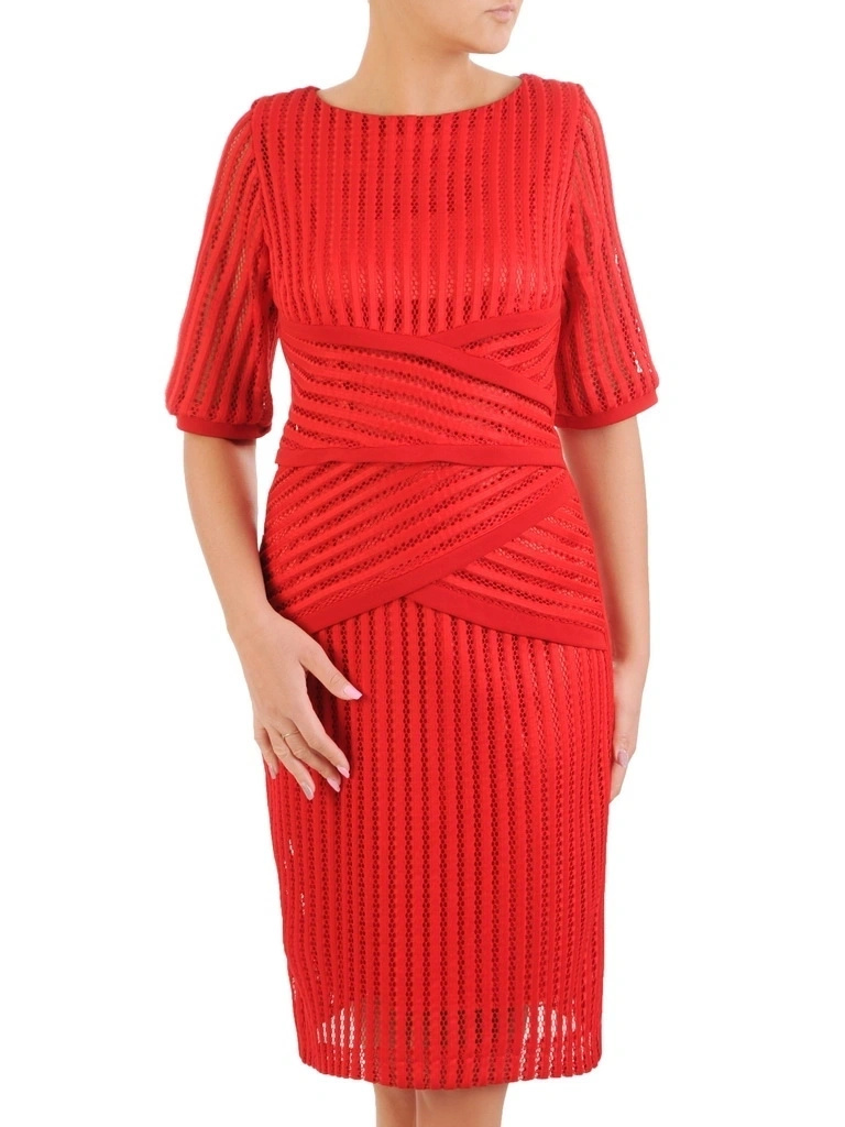 Elegancka czerwona sukienka midi na święta i andrzejki – prosty krój optycznie modelujący sylwetkę 33048