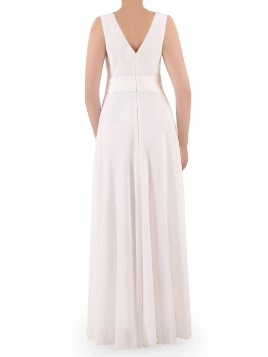 Elegancka biała suknia wieczorowa maxi rozkloszowana – wysmuklający dekolt w serek 37190