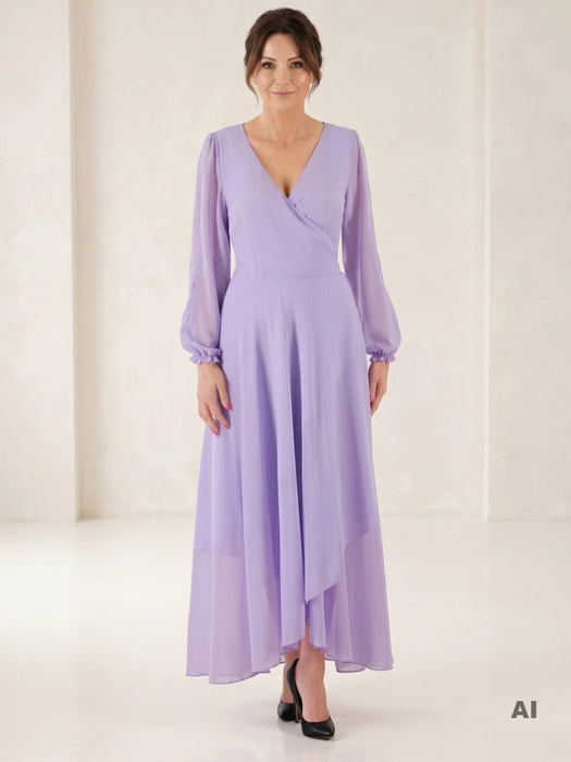 Elegancka liliowa sukienka maxi rozkloszowana – efektowne rozcięcia na rękawach i pasek w talii 36172