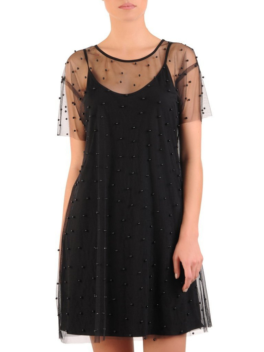 Tiulowa sukienka ozdobiona koralikami, mała czarna w nowoczesnym fasonie 23538