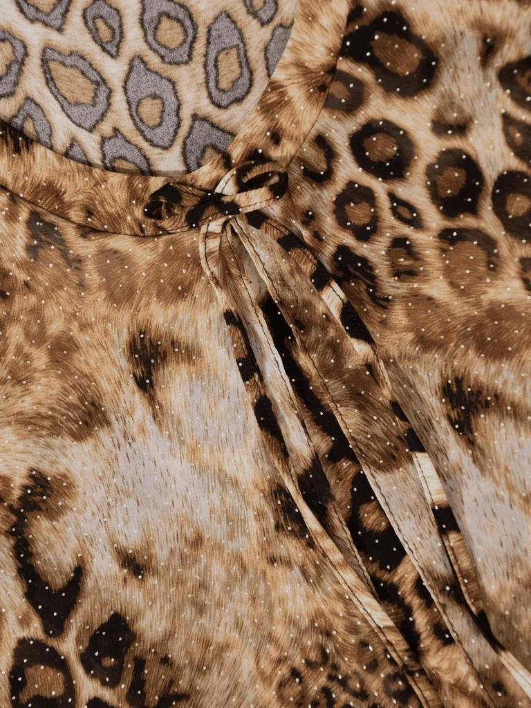Elegancka tunika w cętki beżowo-brązowe z ozdobnym wiązaniem – luźny krój z panelami modelującymi sylwetkę 41702