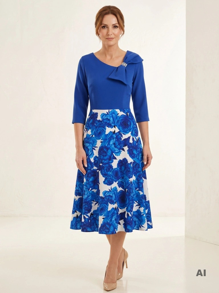 Elegancka chabrowa sukienka midi w kwiaty – rozkloszowany krój z dekoracyjną kokardą 37985