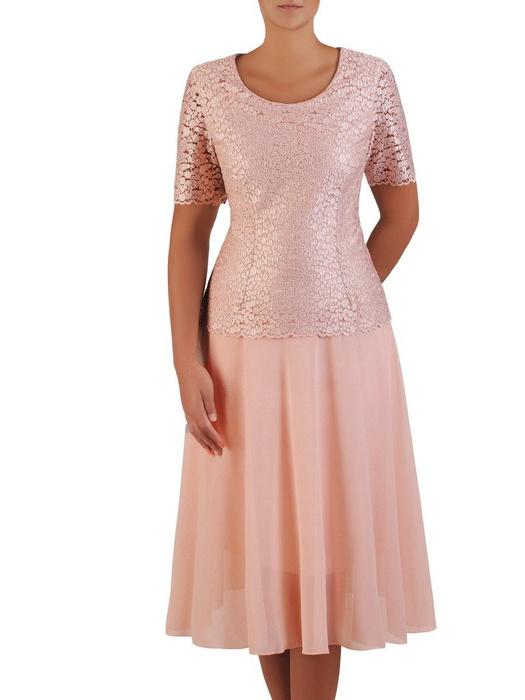 	Szyfonowa sukienka z koronkowym topem, pudrowa kreacja na wesele 22001.