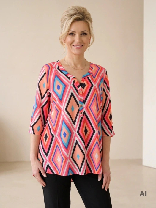 Elegancka bluzka damska w barwny print z wiskozy – luźny krój z dekoltem w serek 39487