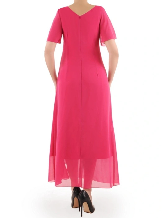 Elegancka sukienka trapezowa maxi amarantowa – swobodny krój z falbaną i rozcięciem 35439