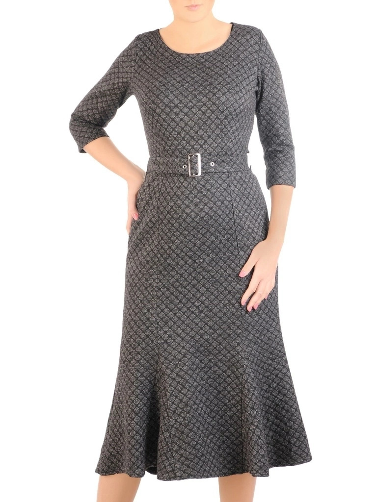Elegancka szara sukienka midi syrenka – kobiecy fason z paskiem modelującym sylwetkę 34367