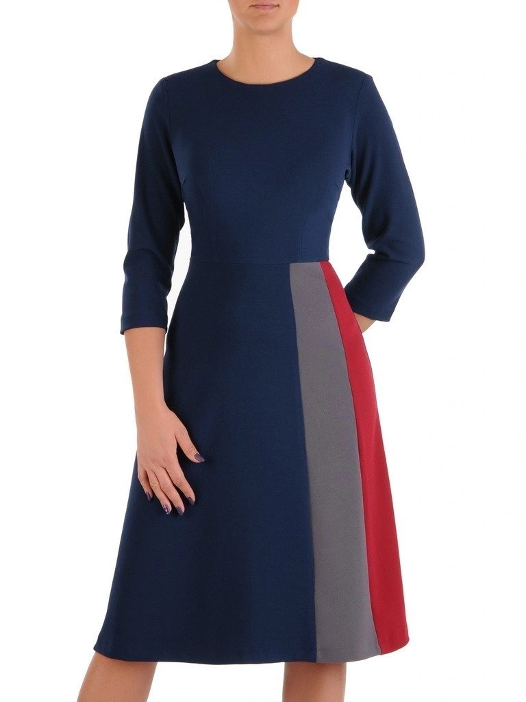 Elegancka granatowa sukienka midi rozkloszowana – pionowe zaszewki optycznie wyszczuplające sylwetkę 18599