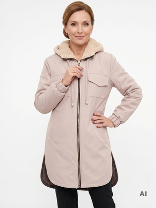 Damska kurtka przejściowa parka w kolorze beżowym – puszyste futerko przy kapturze i ochrona przed chłodem 40477