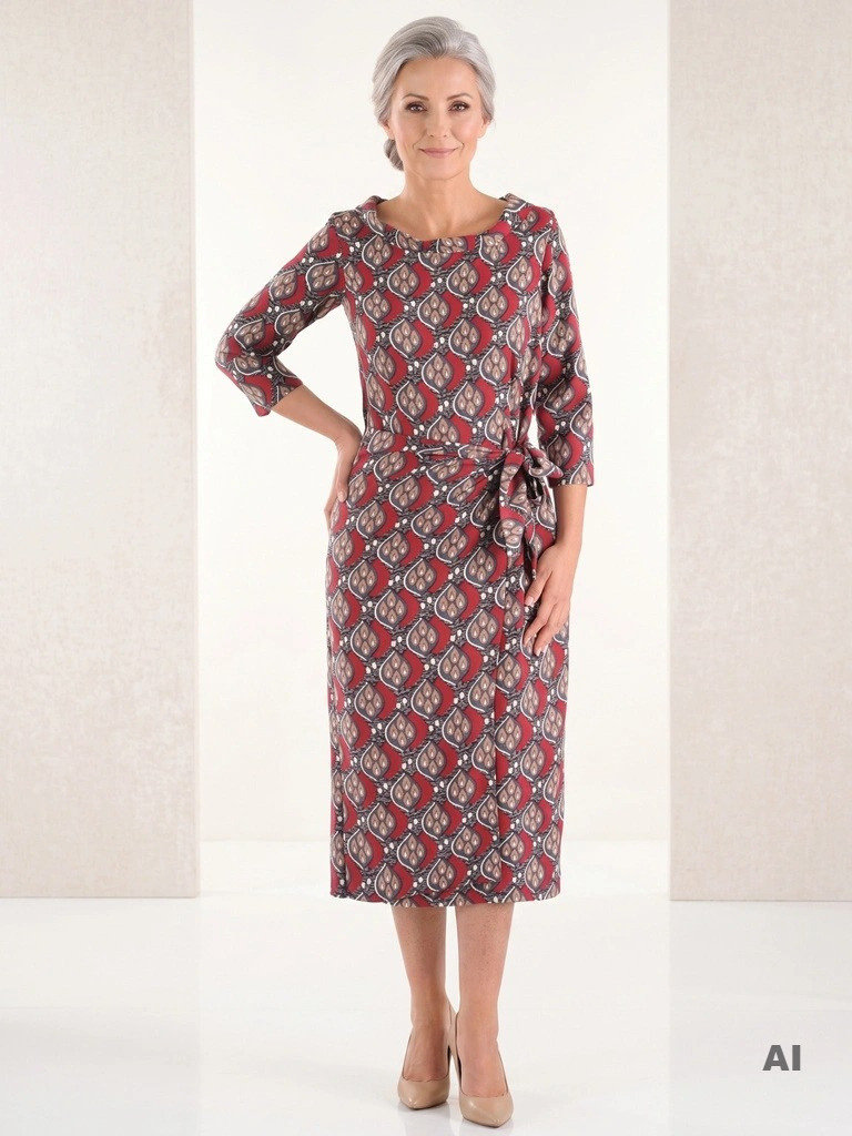Elegancka bordowa sukienka do pracy o prostym kroju – fason midi z paskiem wysmuklającym sylwetkę 38661