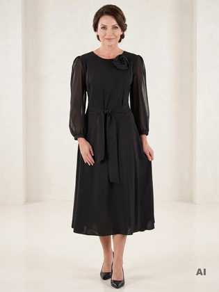 Czarna sukienka maxi rozkloszowana z akcentem w talii – elegancki model z odpinaną ozdobą 40454
