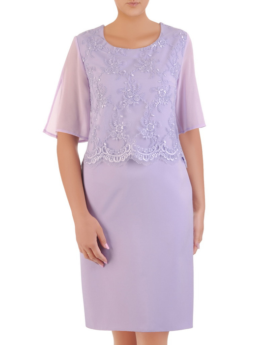 Elegancka, liliowa sukienka damska z koronkowym topem 32876