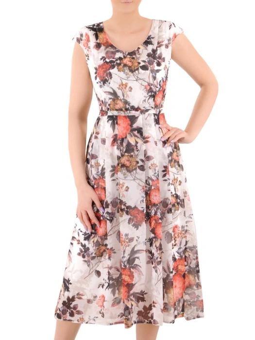 Elegancka sukienka koktajlowa midi w kwiaty rozkloszowana – zwiewne plisy wysmuklające sylwetkę 35982