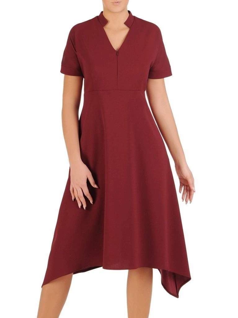 Elegancka bordowa sukienka rozkloszowana midi – kobiecy fason ze stójką pięknie modelujący talię 27921