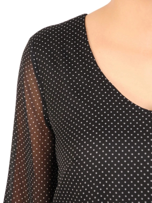 Rozkloszowana czarna sukienka mini w grochy – lekki fason z falbanami i paskiem w talii 30735