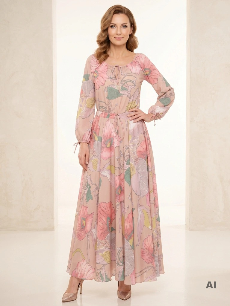 Elegancka sukienka rozkloszowana maxi w kwiaty – wysmuklający fason z długim rękawem 29935